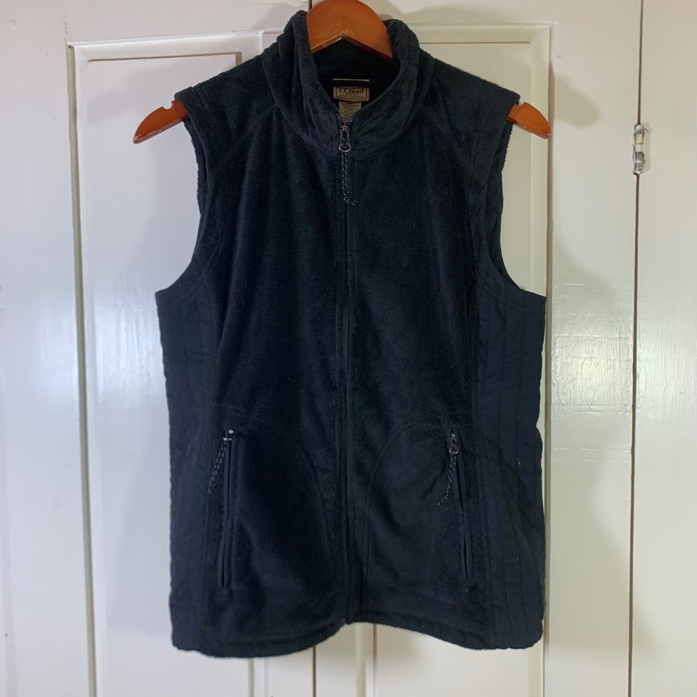 LL Bean Womens Black Fleece Full Zip Vest Mock Neck Nylon Side Panels SM-REG